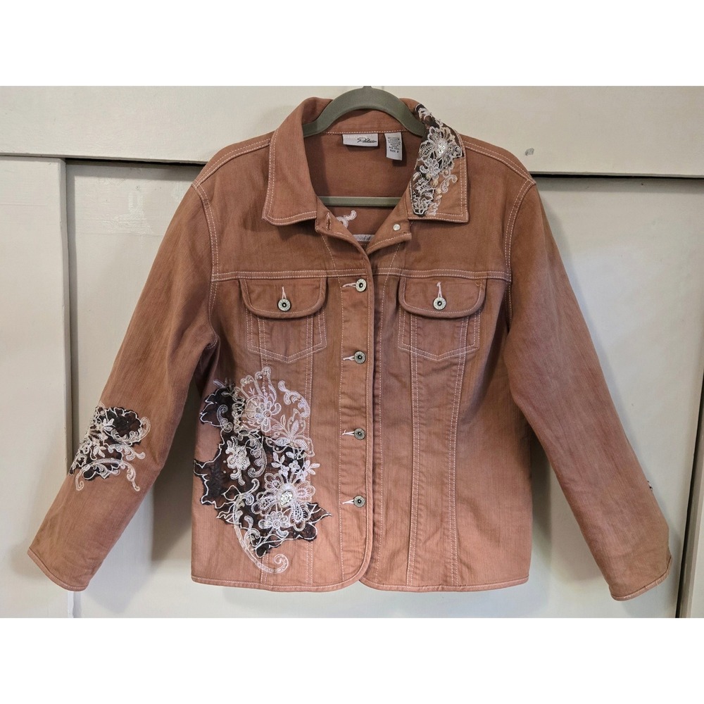 Chicos Platinum Boho Chic Hand Dye Rust Denim Jacket Applique Sequin Women 2/L
